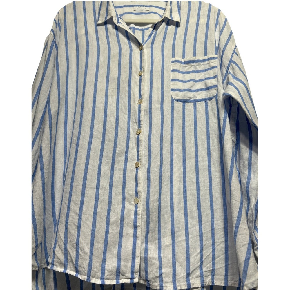 J. Jill Love Linen Long Sleeve Striped Button Front Top Blue‎ White Size L Beach - Picture 7 of 11